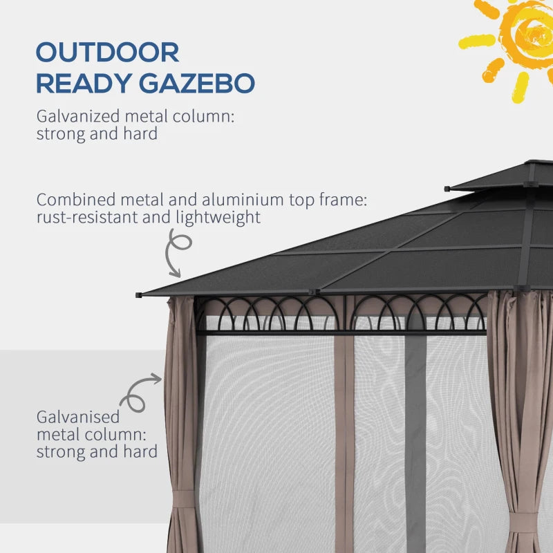Outsunny 10' x 12' Outdoor Gazebo Canopy, Double Roof Hardtop Gazebo with Polycarbonate Roof, Steel Frame, Nettings and Curtains, for Garden, Lawn, Backyard and Deck, Khaki