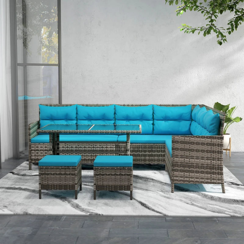 Outsunny 6pcs Outdoor Rattan Sofa Set Garden Wicker Sectional Couch Furniture Set with Dining Table and Chair Sky Blue