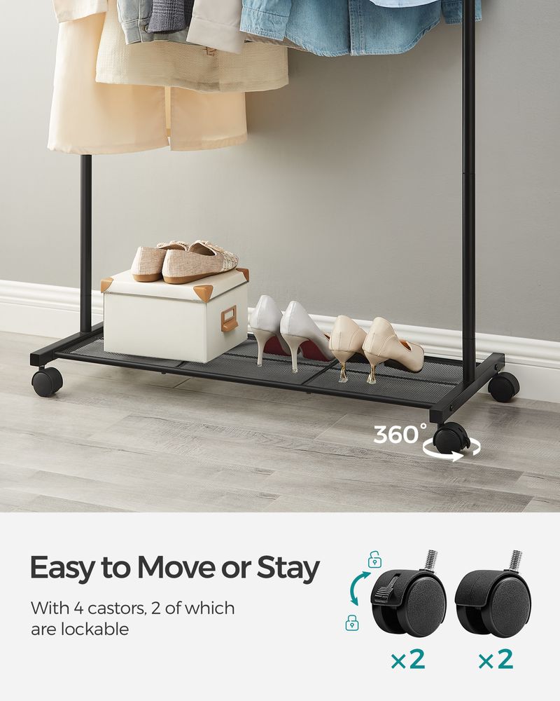 SONGMICS Clothes Rack with Wheels and Dense Mesh Storage Shelf