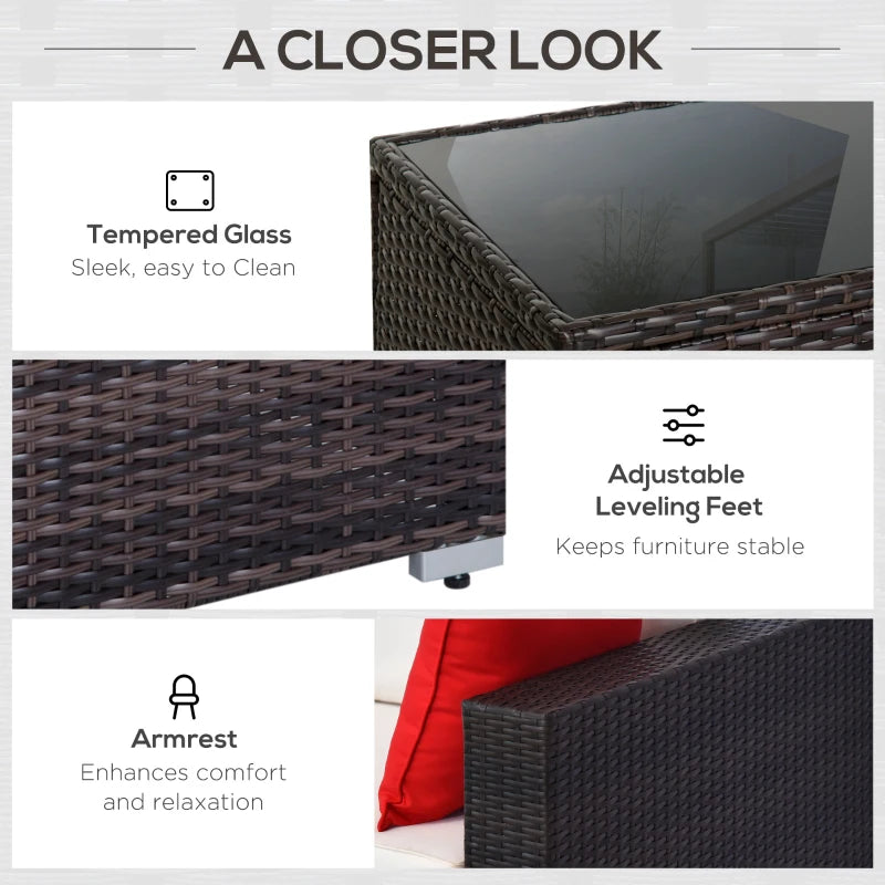 Outsunny 6 Pieces Outdoor PE Rattan Wicker Patio Furniture Sofa Set with Thick Cushions, Deluxe Garden Sectional Couch with Glass Top Table, Dark Coffee and Cream White