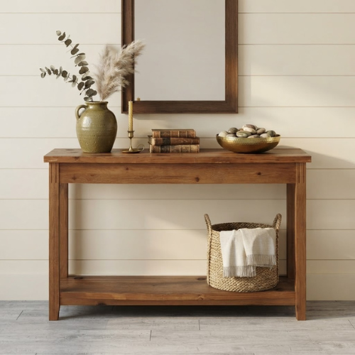 41.34" Solid Wood Console Table, 2-Tier Half-Moon Farmhouse Entryway Sofa Table with Rustic Natural Finish
