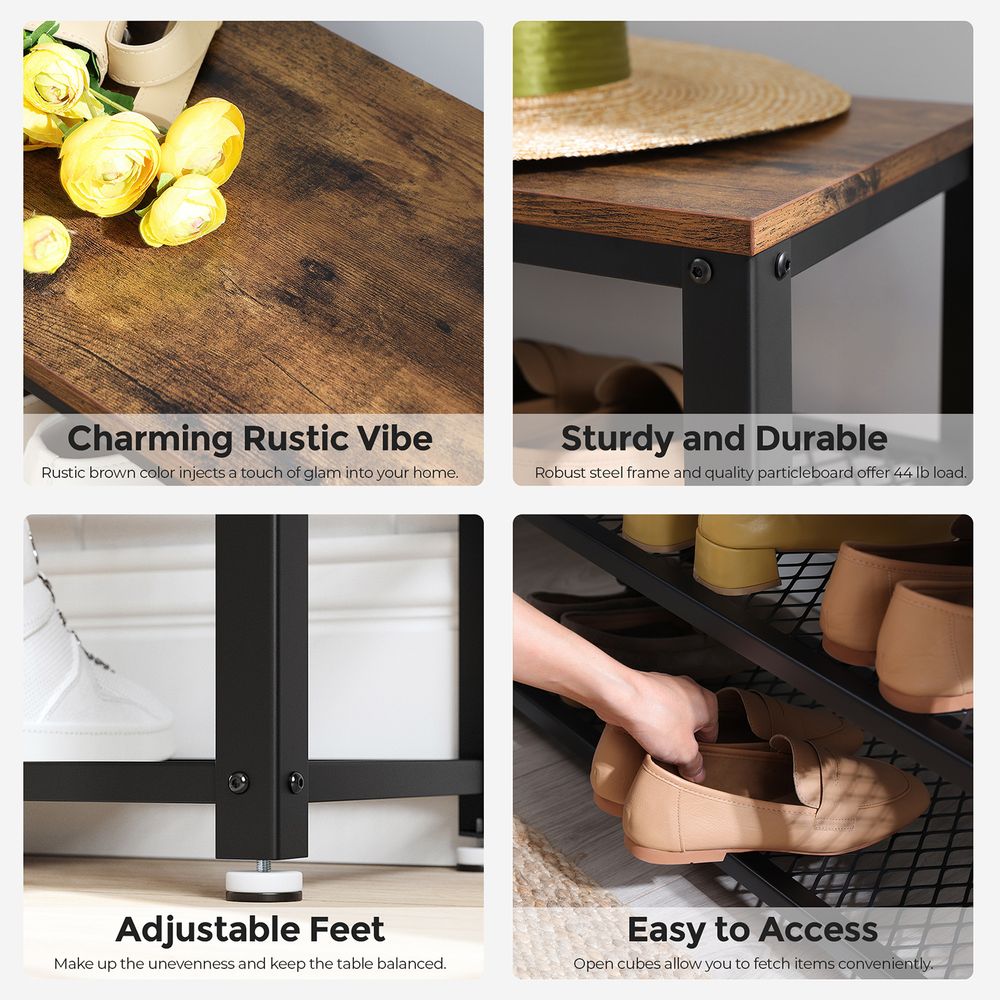 VASAGLE Shelf Storage Bench with Metal Mesh Shelves and Seat