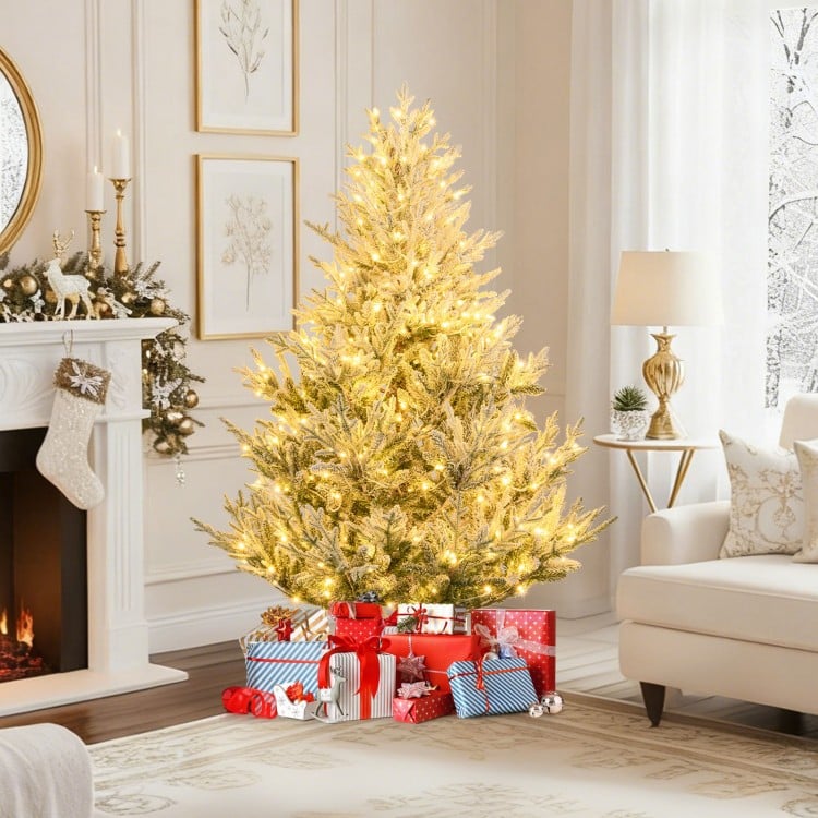 6 Feet Pre-Lit Artificial Christmas Tree Hinged Snow Flocked Xmas Tree