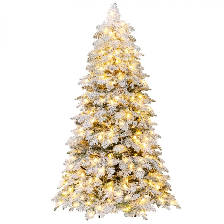 6 Feet Artificial Snow-flocked Christmas Tree Pre-lit Hinged Xmas Tree with 130 Twinkle Balls