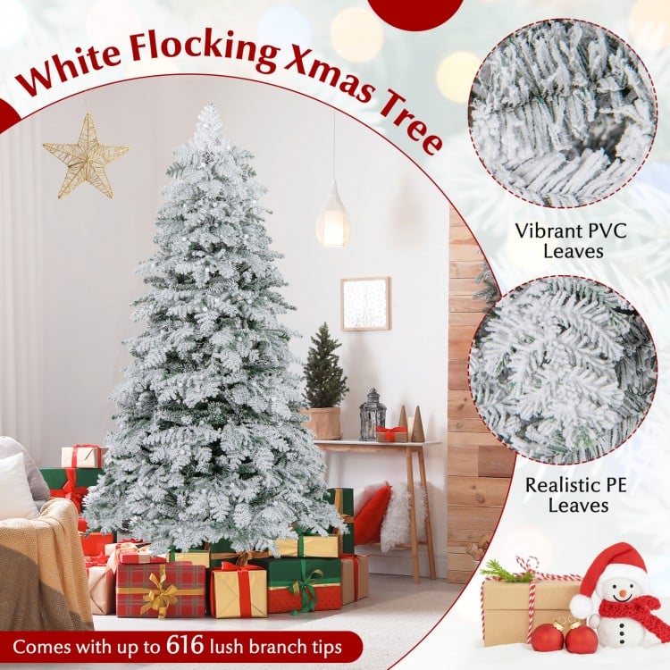 6 Feet Artificial Snow-flocked Christmas Tree Pre-lit Hinged Xmas Tree with 130 Twinkle Balls