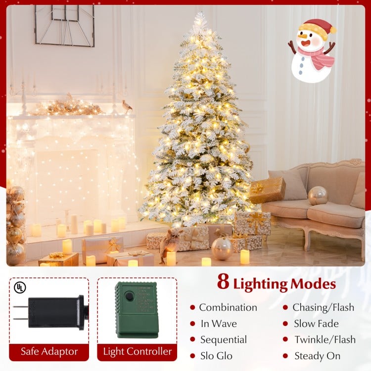 6 Feet Artificial Snow-flocked Christmas Tree Pre-lit Hinged Xmas Tree with 130 Twinkle Balls