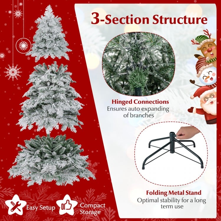 6 Feet Artificial Snow-flocked Christmas Tree Pre-lit Hinged Xmas Tree with 130 Twinkle Balls