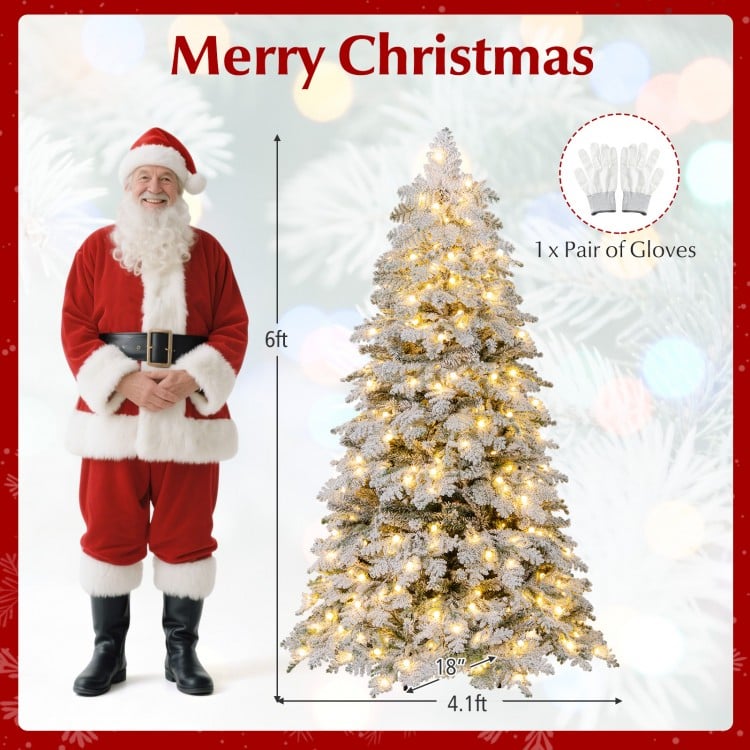 6 Feet Artificial Snow-flocked Christmas Tree Pre-lit Hinged Xmas Tree with 130 Twinkle Balls