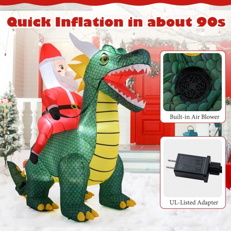 6.7 Feet Christmas Inflatable Santa Claus Ride on Dinosaur with Built-in LED Lights