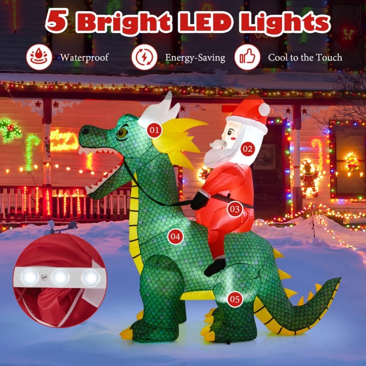 6.7 Feet Christmas Inflatable Santa Claus Ride on Dinosaur with Built-in LED Lights