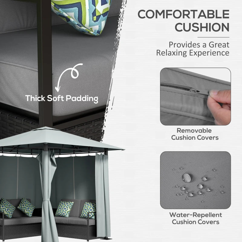 Outsunny Patio Furniture Set with Gazebo, Outdoor PE Rattan Wicker Conversation Sofa with Storage Corner Table, Cushion, for Backyard, Porch, Poolside, Balcony, Grey