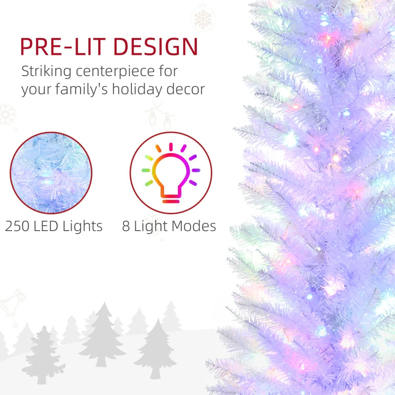 HOMCOM 6ft Pre-Lit Pencil Artificial Christmas Tree – Colourful Surface Tips with Colourful LED Lights, White