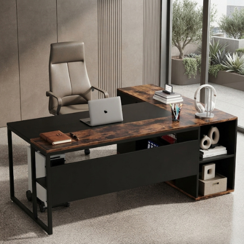 71" L-Shaped Executive Desk with Storage Cabinet, Printer Stand, CPU Holder & Shelves, Large Home Office Desk, Rustic Brown & Black