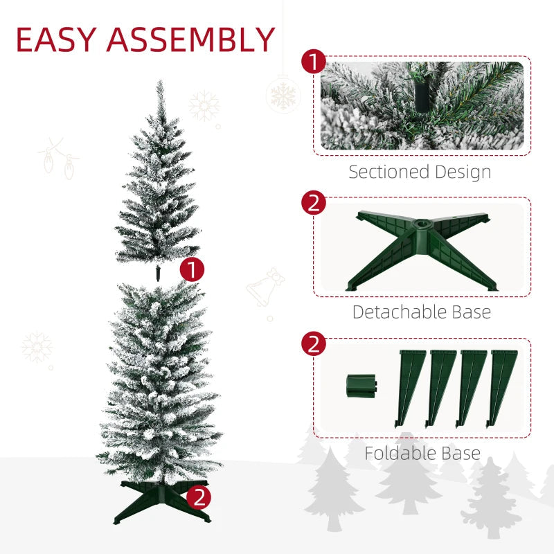 HOMCOM 5ft Pencil Artificial Christmas Tree with Snow Flocked Branches, Slim Green Holiday Decor