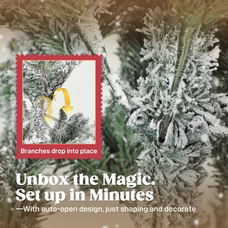 HOMCOM 7FT Artificial Flocked Christmas Tree, Full Snow-Covered Pine Xmas Tree with Realistic Tips, Hinged Branches, and Metal Stand