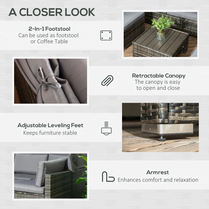 Outsunny 4 Pieces Patio Furniture Set, Rattan Wicker Outdoor Sectional Sofa with Retractable Canopy, Cushions, 3-Seater Sofa for Backyard, Garden, Gray