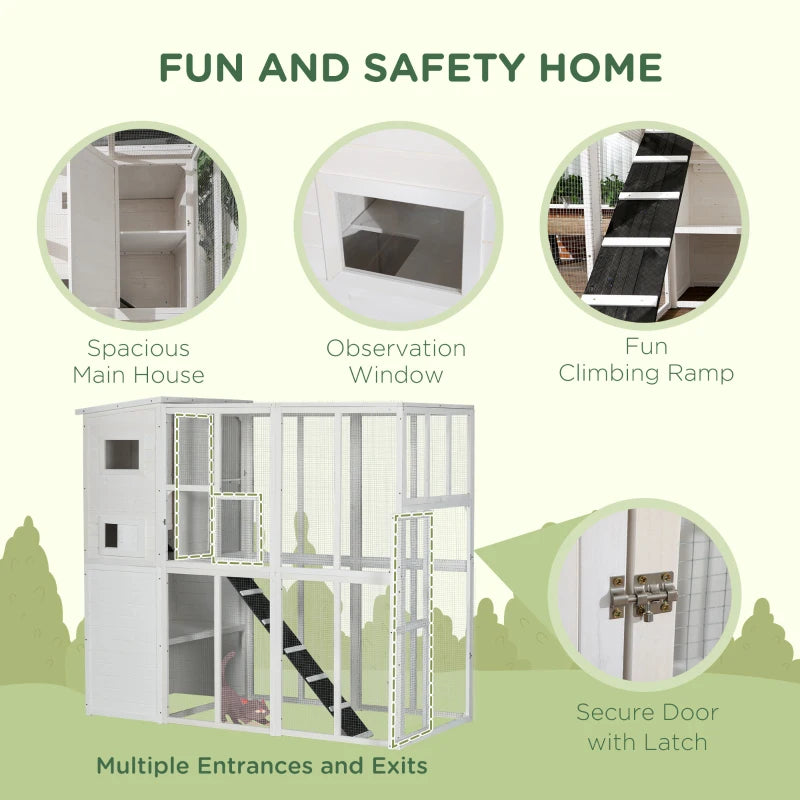 PawHut 68.7" H Cat Cage Large Wooden Outdoor Cat House with Large Run for Play, Catio for Lounging, and Condo Area for Sleeping, White