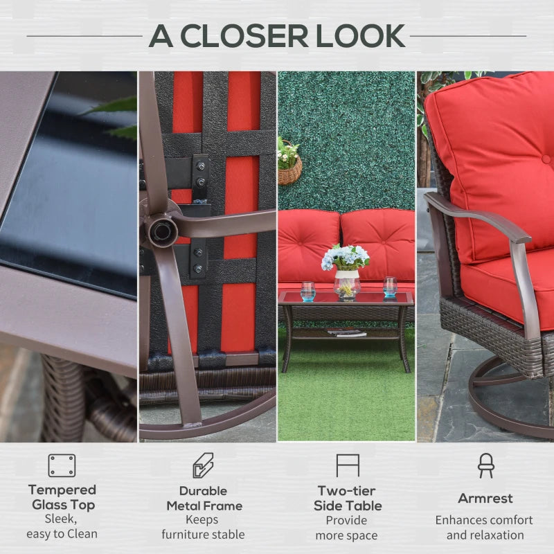 Outsunny 4 PCS Patio PE Rattan Wicker Sofa Set Outdoor Conversation Furniture w/ Two Tier Tea Table & Cushions, Red