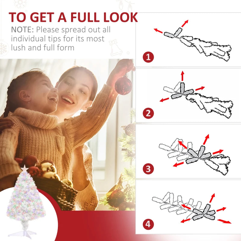 HOMCOM 2.5FT Prelit Artificial Tabletop Christmas Tree with Fibre Optics Holiday Home Xmas Decoration for Table and Desk White