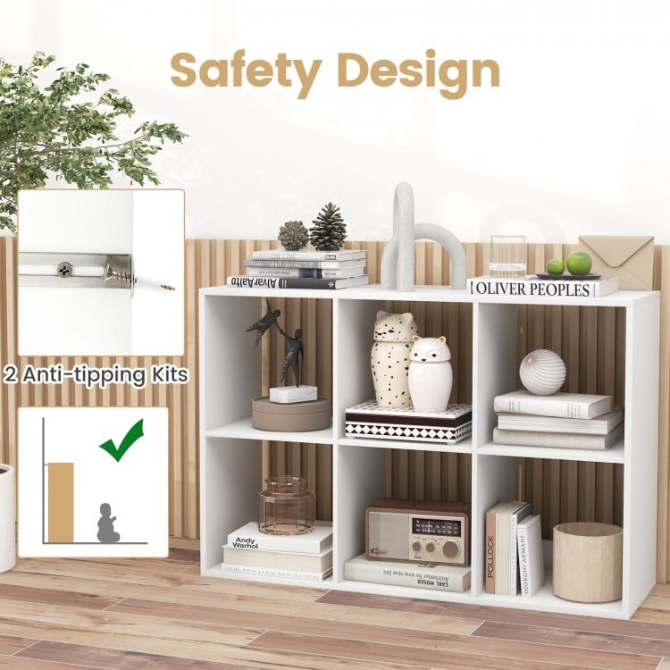 6 Cube Bookshelf with Back Guardrail for Living Room Bedroom-White