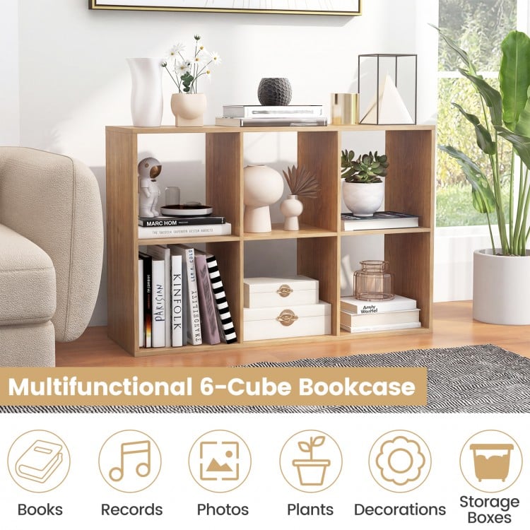 6 Cube Bookshelf with Back Guardrail for Living Room Bedroom-Natural