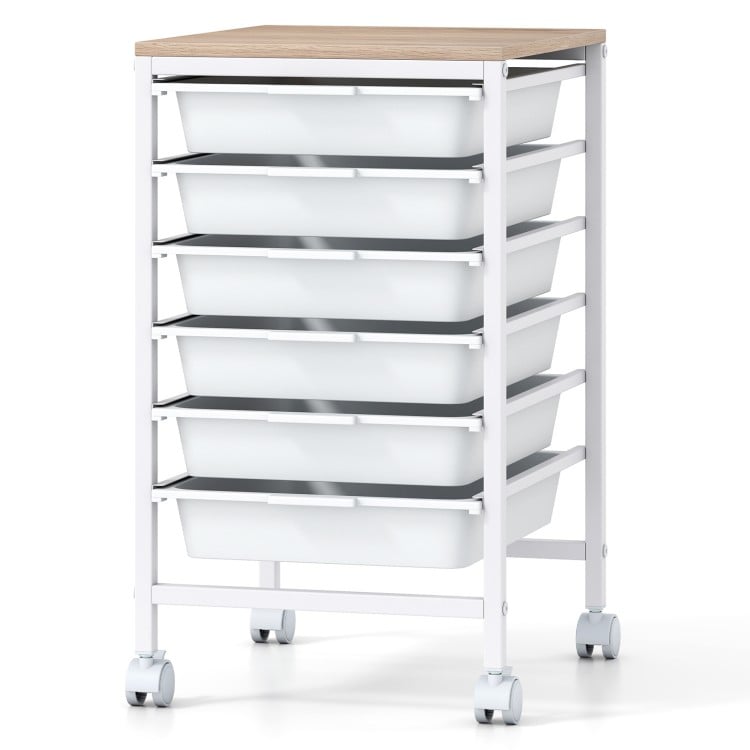 6-Drawer Rolling Storage Cart with Wooden Tabletop-White