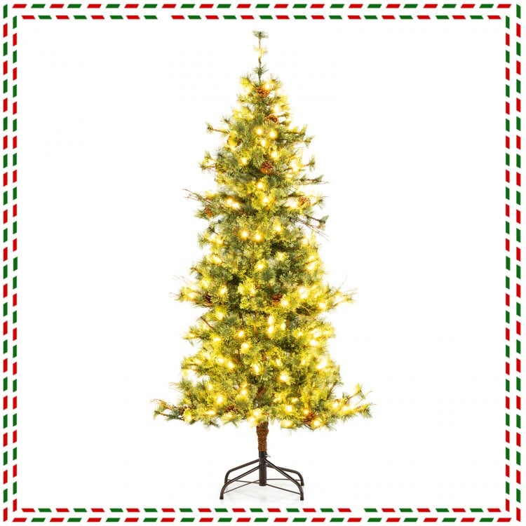 6 Feet Artificial Christmas Tree Pre-lit Xmas Tree with Warm White LED Lights and Pine Cones