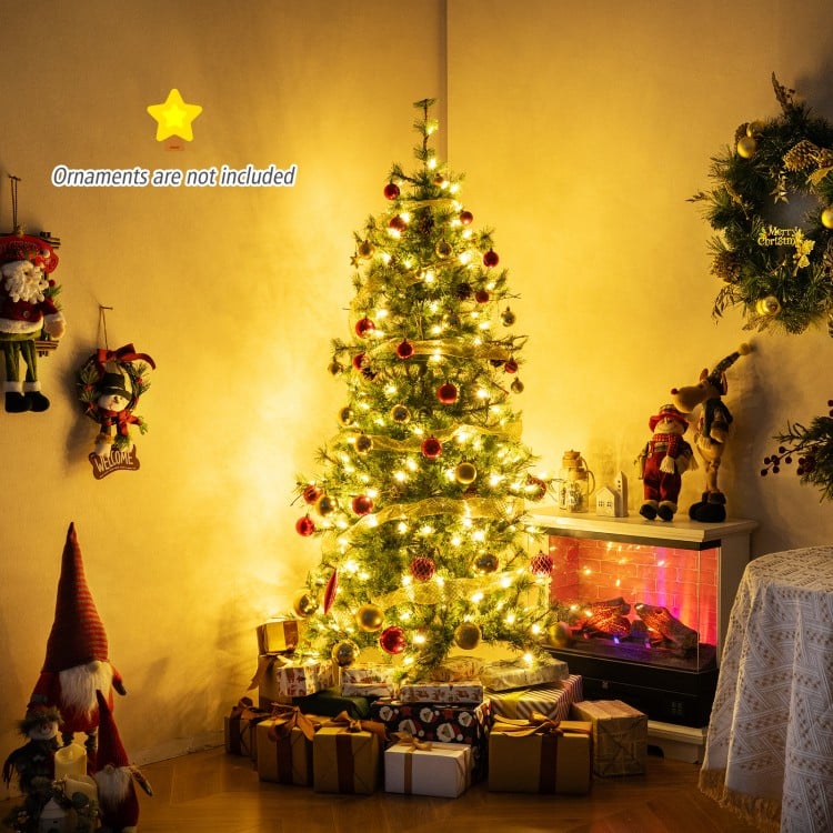 6 Feet Artificial Christmas Tree Pre-lit Xmas Tree with Warm White LED Lights and Pine Cones