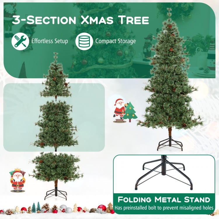 6 Feet Artificial Christmas Tree Pre-lit Xmas Tree with Warm White LED Lights and Pine Cones