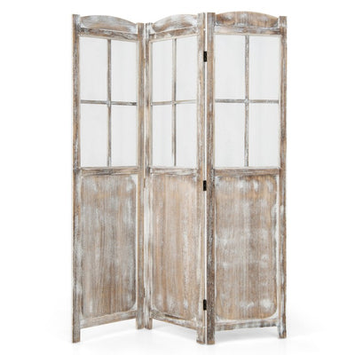 6 ft Folding Privacy Screen Room Divider with Mesh Windows – Retro Wood Folding Partition
