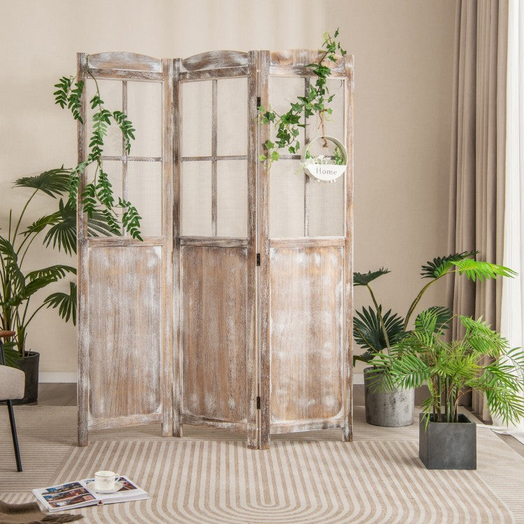 6 ft Folding Privacy Screen Room Divider with Mesh Windows – Retro Wood Folding Partition