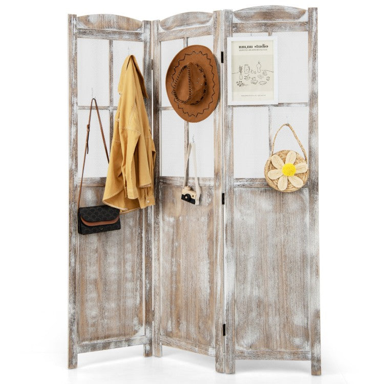 6 ft Folding Privacy Screen Room Divider with Mesh Windows – Retro Wood Folding Partition
