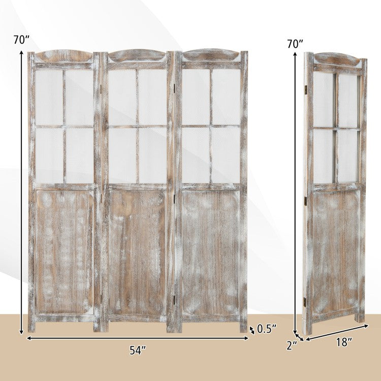 6 ft Folding Privacy Screen Room Divider with Mesh Windows – Retro Wood Folding Partition
