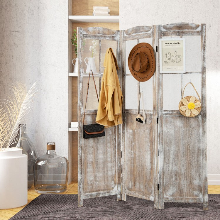 6 ft Folding Privacy Screen Room Divider with Mesh Windows – Retro Wood Folding Partition