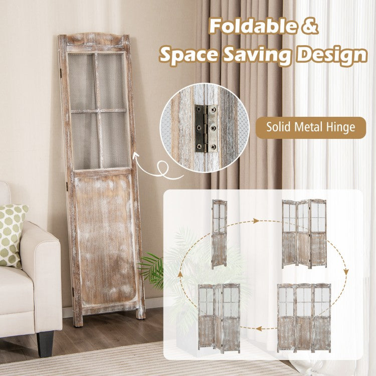 6 ft Folding Privacy Screen Room Divider with Mesh Windows – Retro Wood Folding Partition