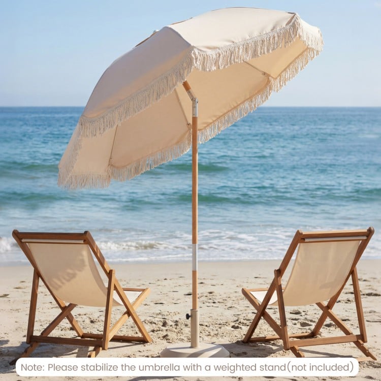 6 Feet Patio Umbrella with Fringe with Push Button Tilt and Wood Pole-White