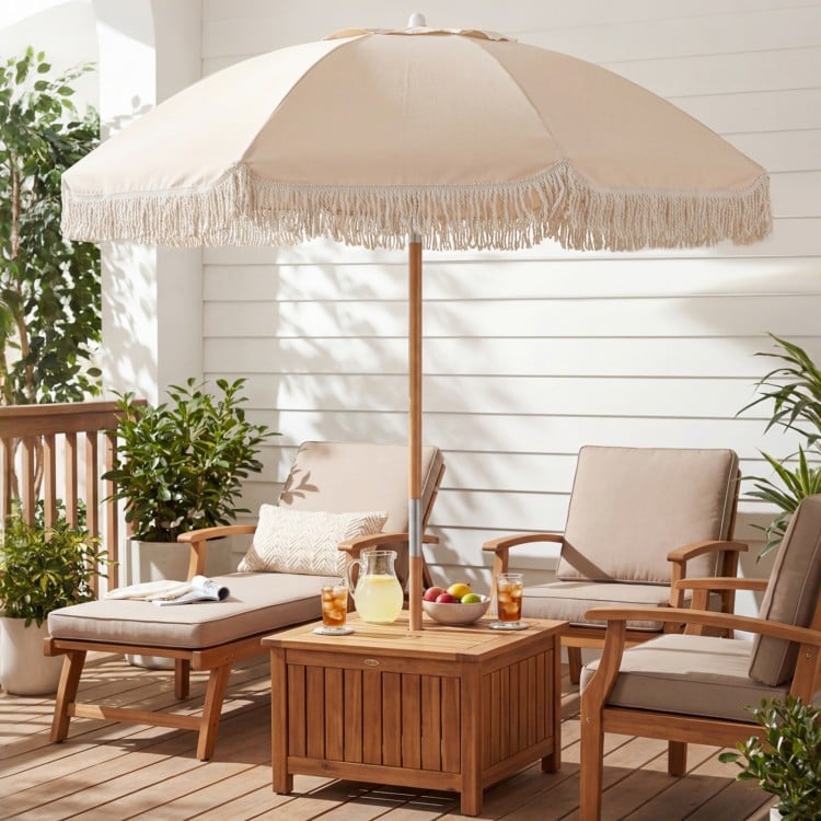 6 Feet Patio Umbrella with Fringe with Push Button Tilt and Wood Pole-White