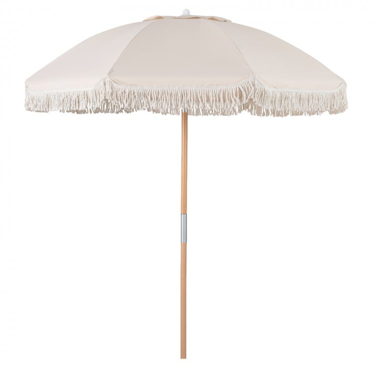 6 Feet Patio Umbrella with Fringe with Push Button Tilt and Wood Pole-White