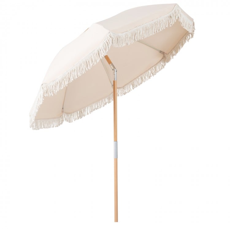 6 Feet Patio Umbrella with Fringe with Push Button Tilt and Wood Pole-White