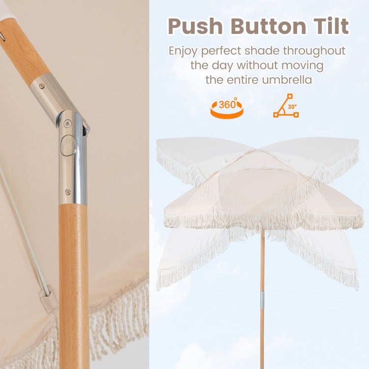 6 Feet Patio Umbrella with Fringe with Push Button Tilt and Wood Pole-White