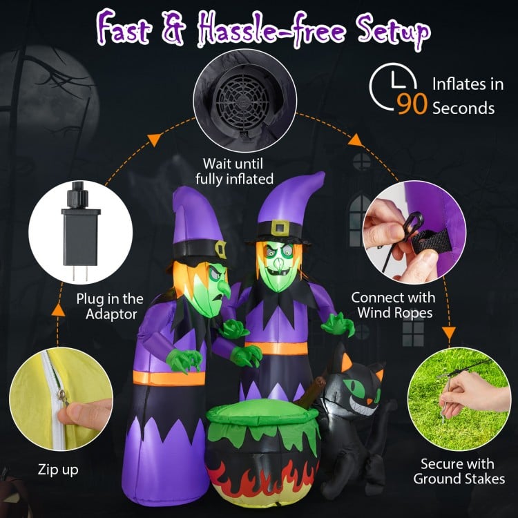 6 Ft Inflatable Halloween Witches with Cauldron & Black Cat