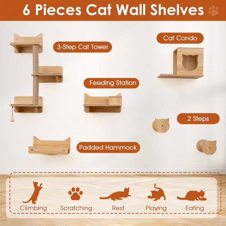 6 Pieces Cat Wall Furniture Set Kitten Wall Mounted Shelves-Natural