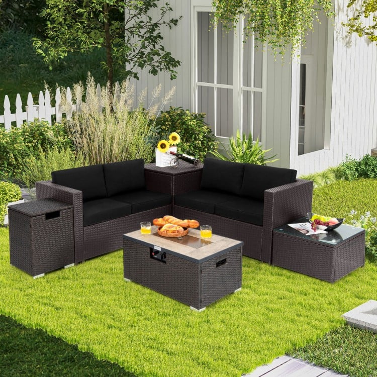 6 Pieces Outdoor Wicker Furniture Set with 32 Inch Propane Fire Pit Table