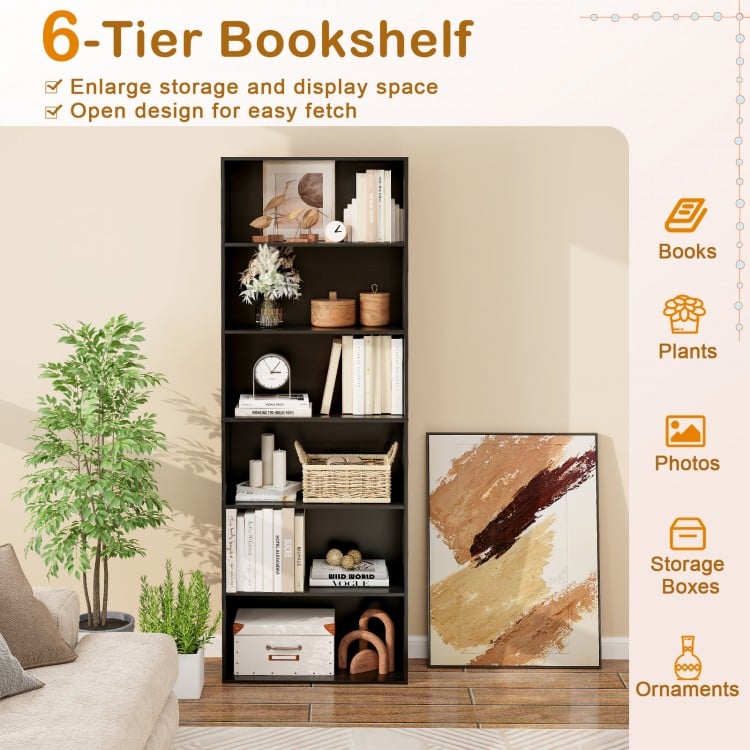 6-Tier Bookcase with 6 Open Shelves and Anti-Toppling Kits-Black