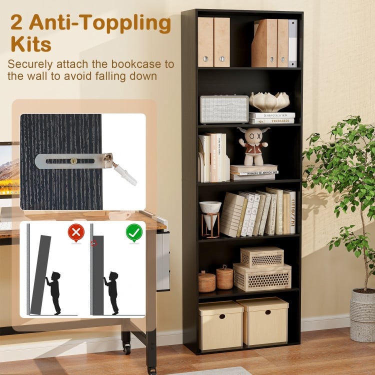 6-Tier Bookcase with 6 Open Shelves and Anti-Toppling Kits-Black