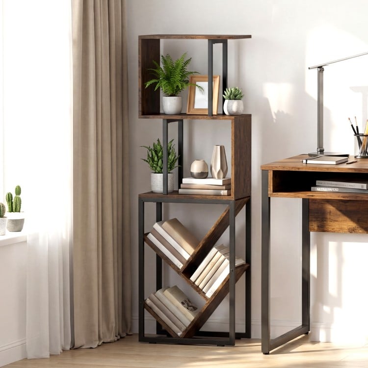 6-Tier Bookshelf Floor Standing Tree S-Shaped Geometric Bookcase with Open Shelves-Brown