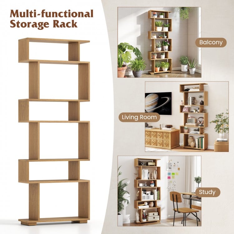 6-Tier Geometric Bookshelf with 2 Anti-Tipping Kits for Home Office-Natural