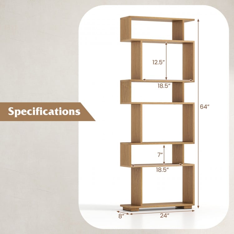 6-Tier Geometric Bookshelf with 2 Anti-Tipping Kits for Home Office-Natural