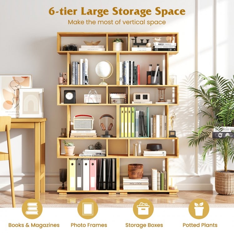 6-Tier Geometric Bookshelf with 2 Anti-Tipping Kits for Home Office-Wood