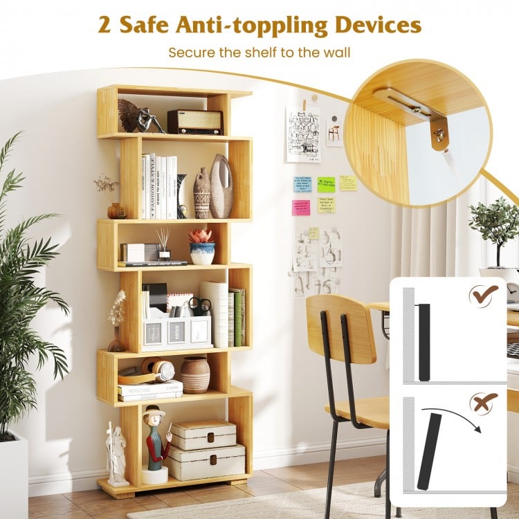 6-Tier Geometric Bookshelf with 2 Anti-Tipping Kits for Home Office-Wood